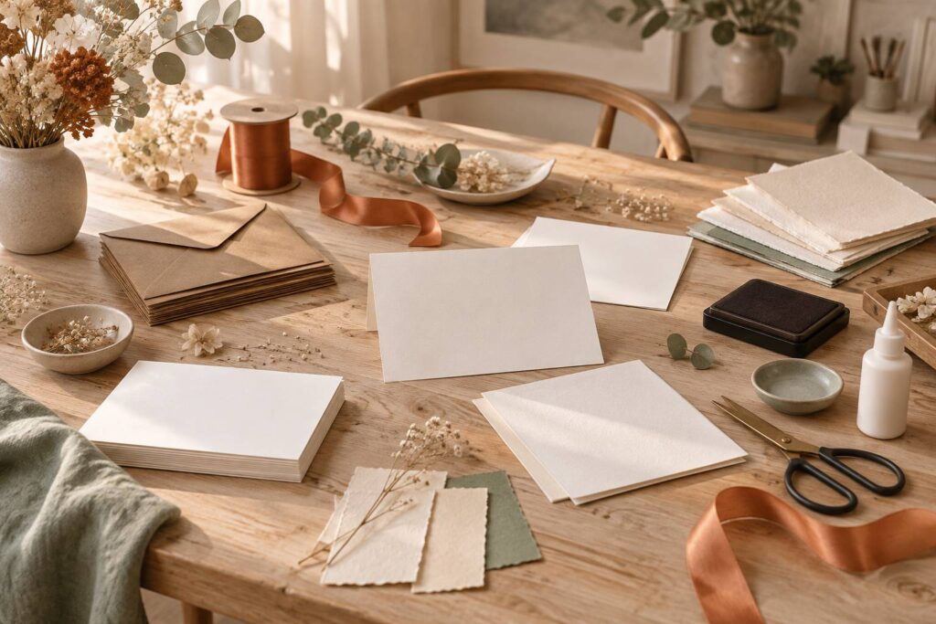 Atelier de papeterie créative avec faire-part, enveloppes kraft et rubans