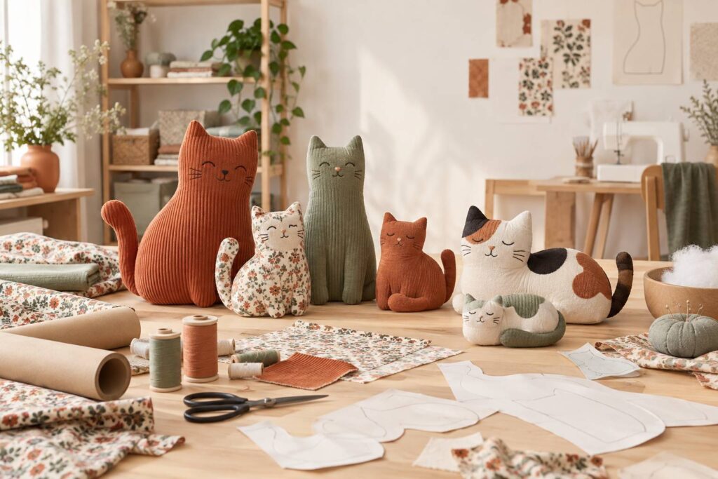 Peluches de chat en tissu doux dans un atelier de couture créative