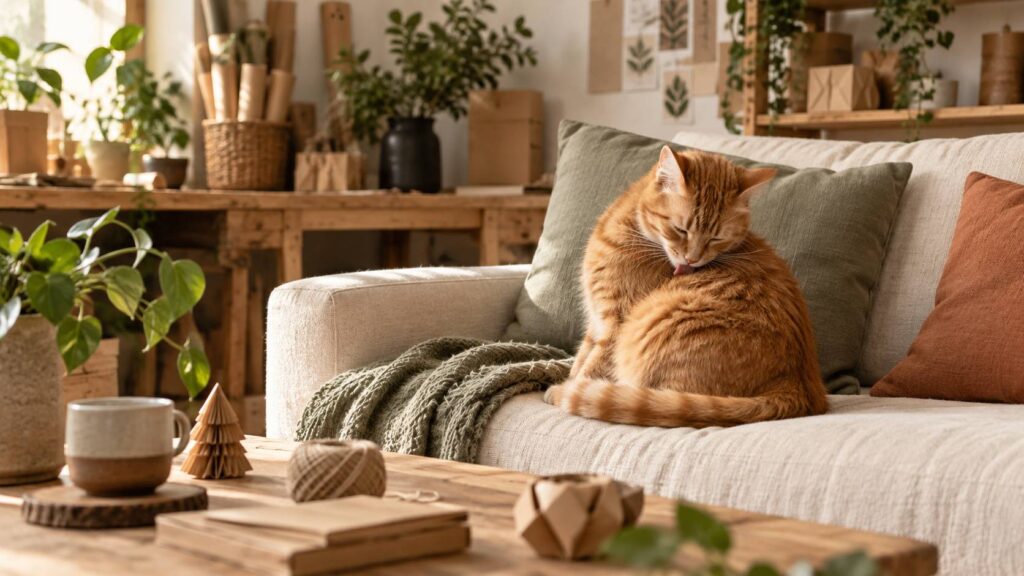 Chat roux se toilettant sur un canapé en lin dans un atelier lumineux et chaleureux