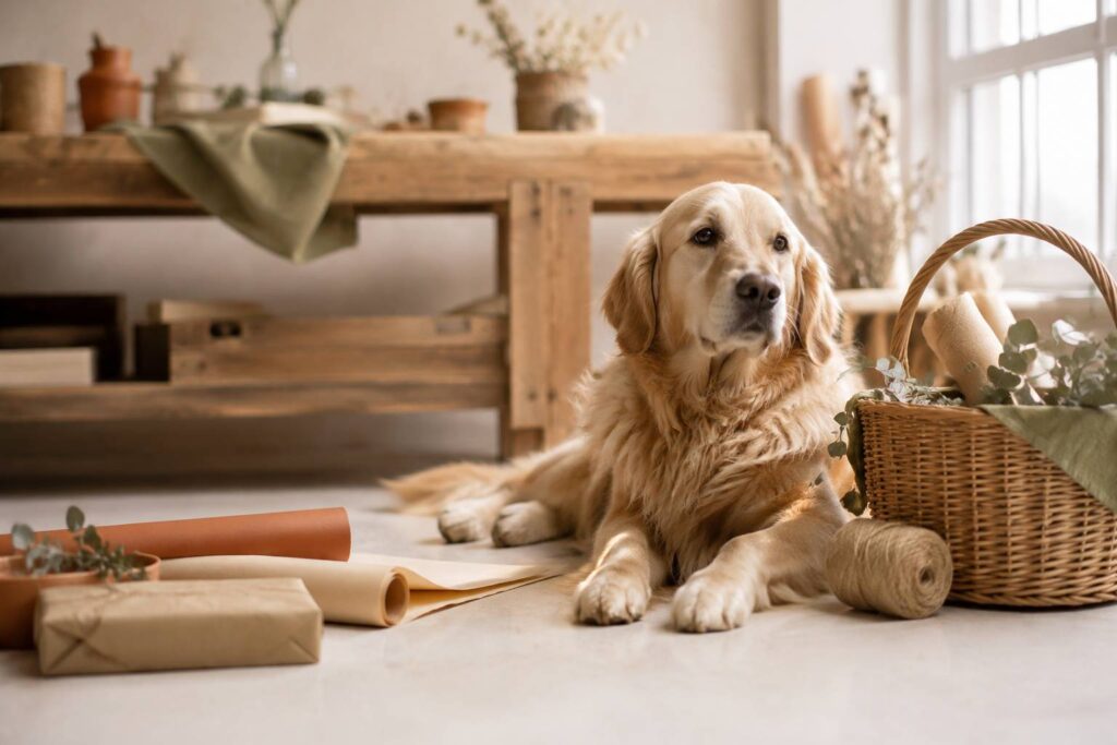 Chien au pelage doré au regard tendre couché près d'un panier en osier