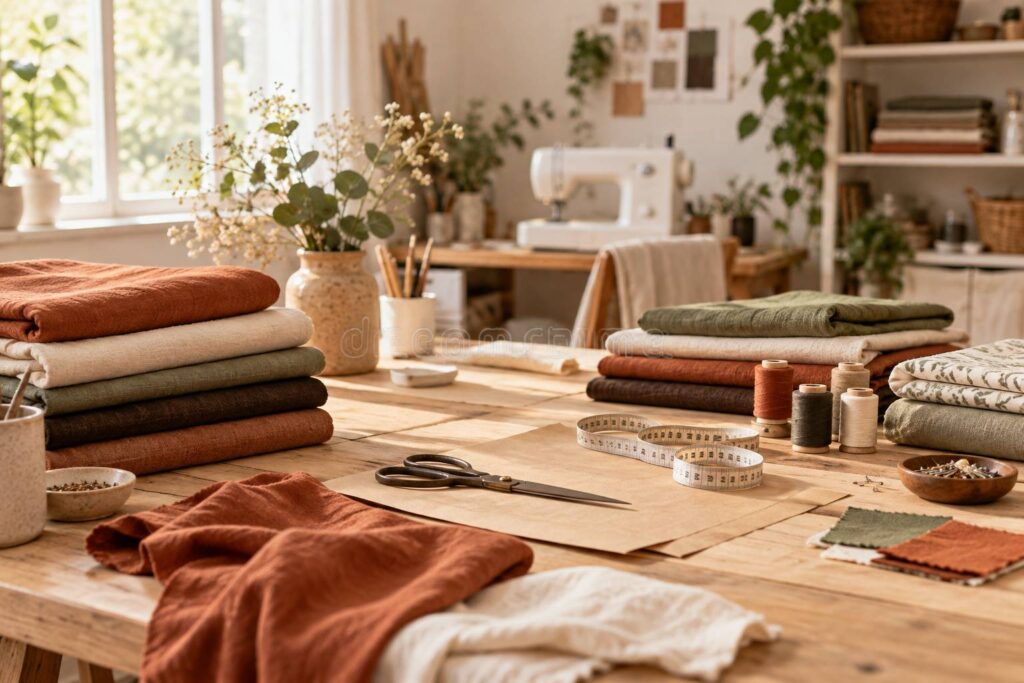 Piles de coupons de tissus, ciseaux et bobines dans un atelier de couture