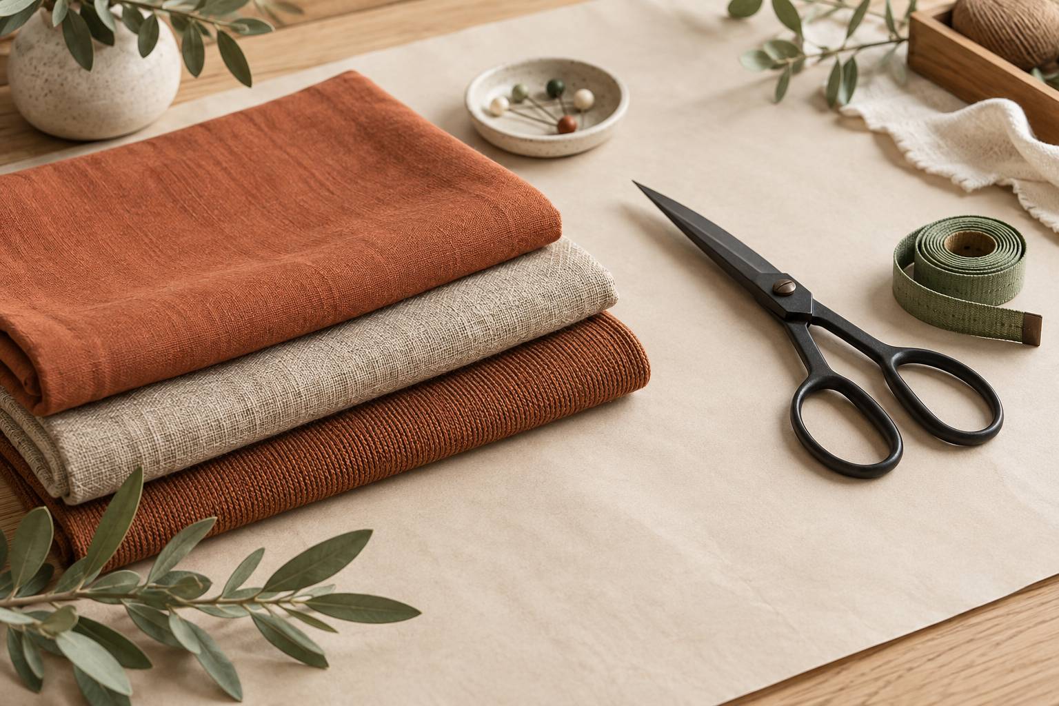 Trois coupons de tissu superposes avec ciseaux et metre ruban