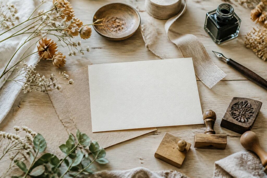 Carte de faire-part en papier crème avec plume et fleurs séchées d'atelier