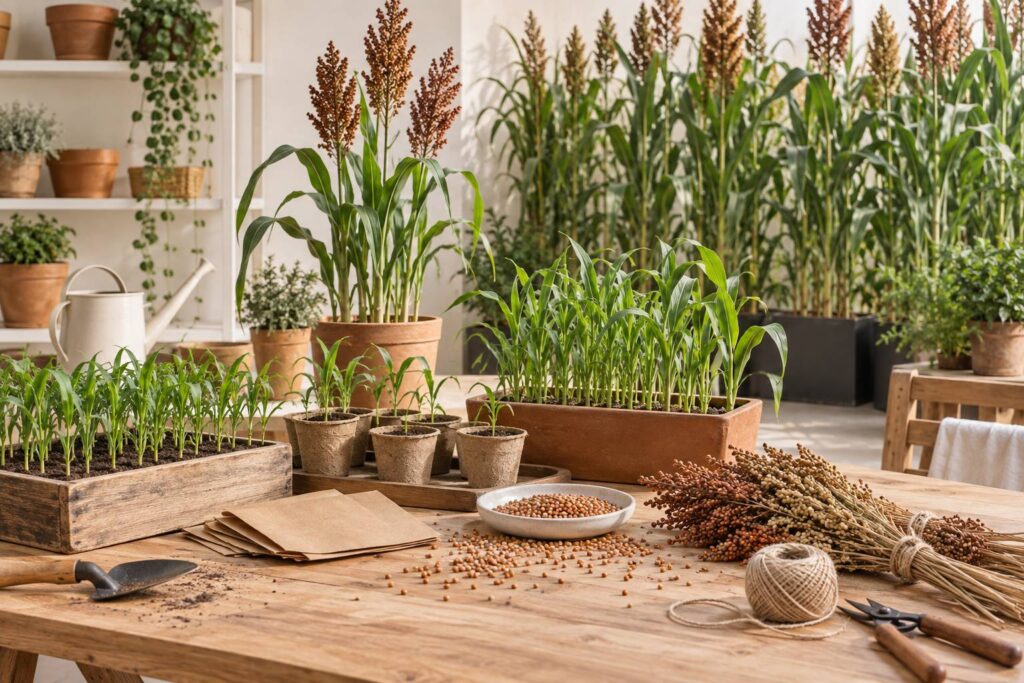 Illustration éditoriale du sujet : Graines biologiques de Sorgho commun (Sorghum bicolor) : millet à balai et sorgho bicolore pour germination