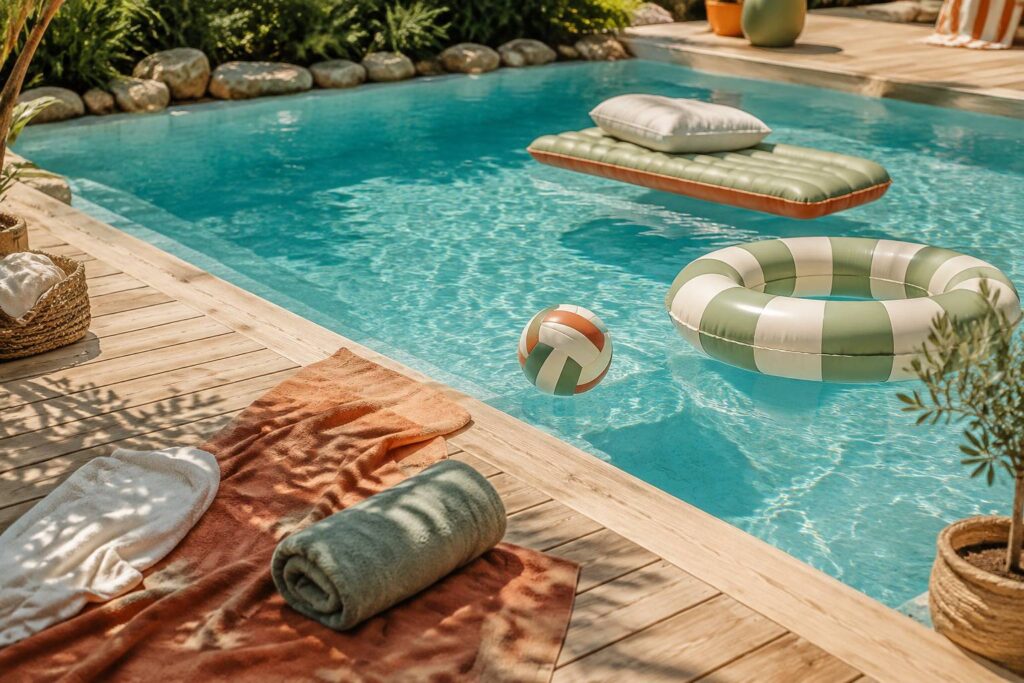 Ballon, bouée et radeau flottant sur l'eau turquoise d'une piscine