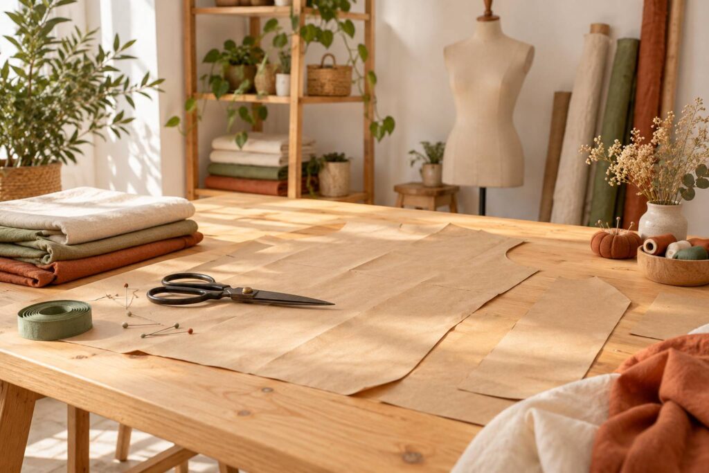 Gabarit de couture deplie sur une table d'atelier avec ciseaux et epingles