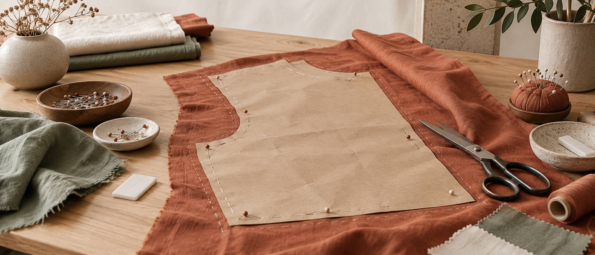Detail d'un gabarit de couture epingle sur un tissu neutre