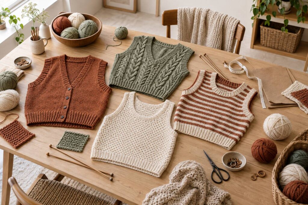 Illustration éditoriale du sujet : Modèles incontournables pour tricoter votre pull sans manches