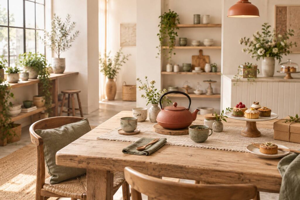 Théière en fonte émaillée et tasses sur une table de salon de thé chaleureux