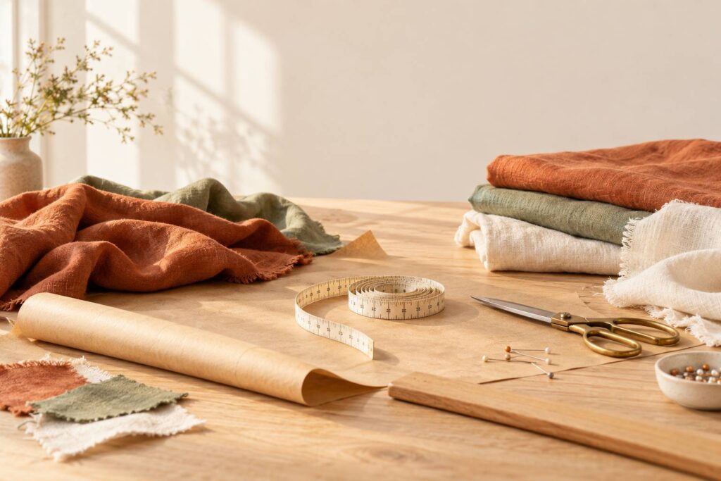 Metre ruban souple enroule sur papier kraft dans un atelier de couture