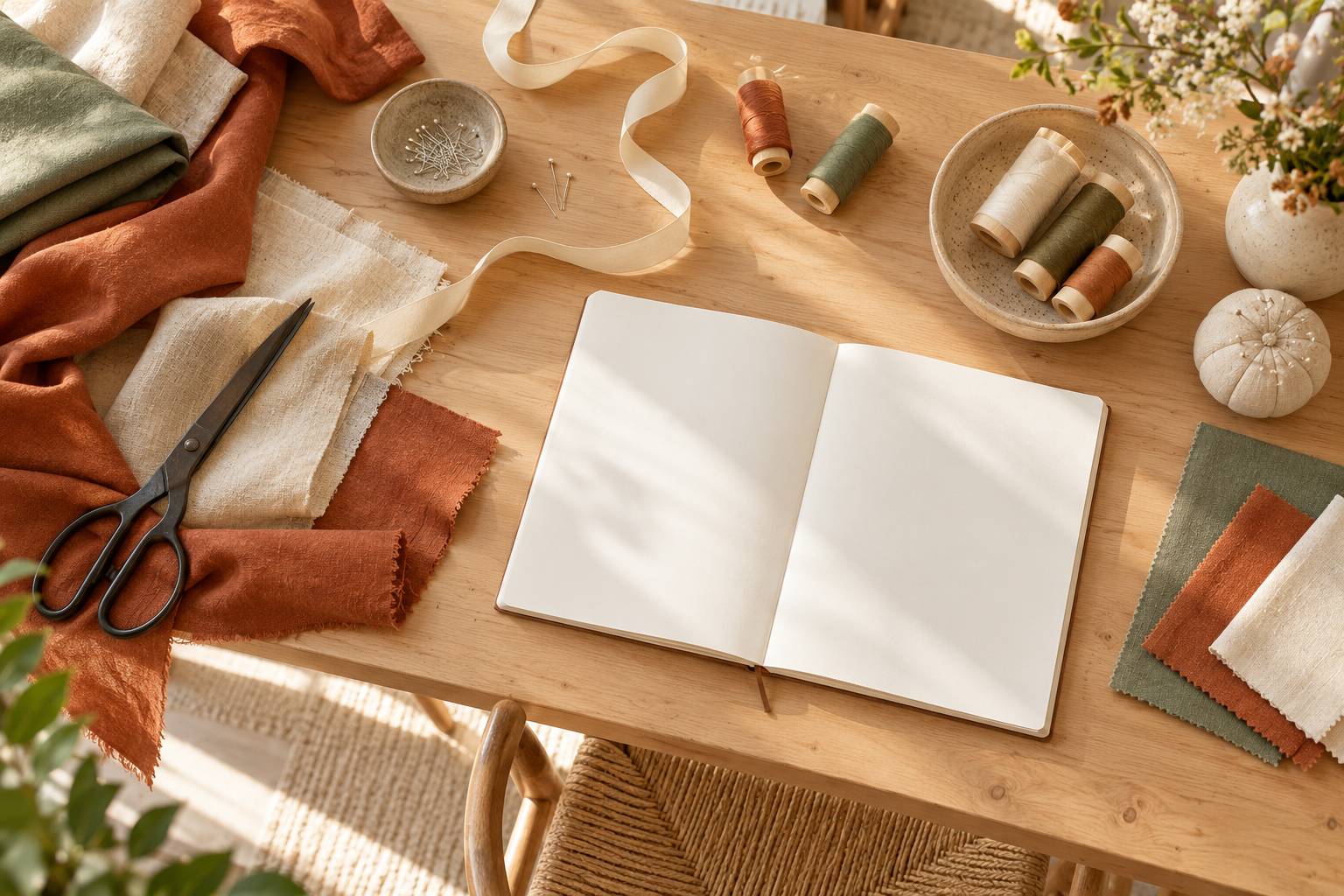 Table de couture avec metre ruban, epingles et carnet de mesures vierge