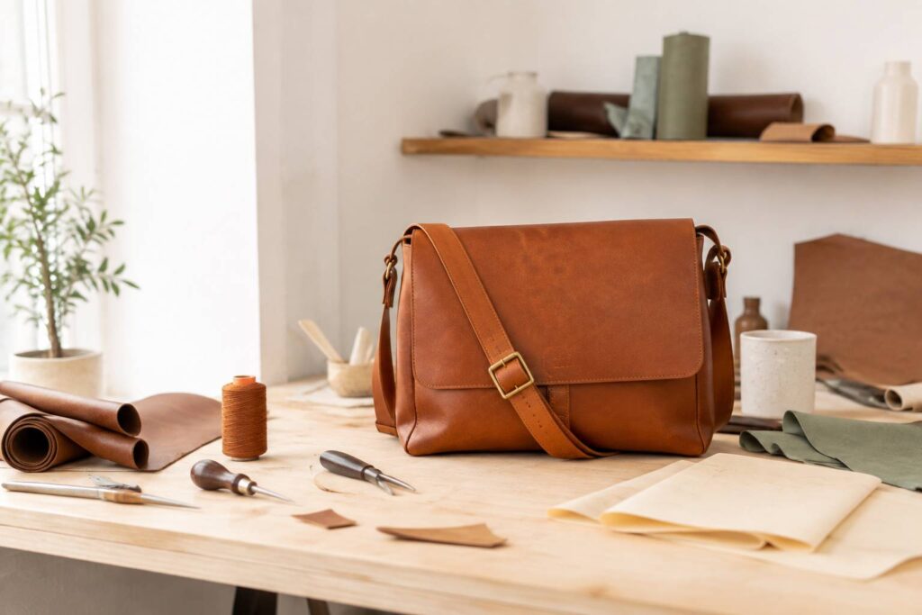 Sacoche messager en cuir cognac sur un établi de maroquinier avec outils et chutes de cuir