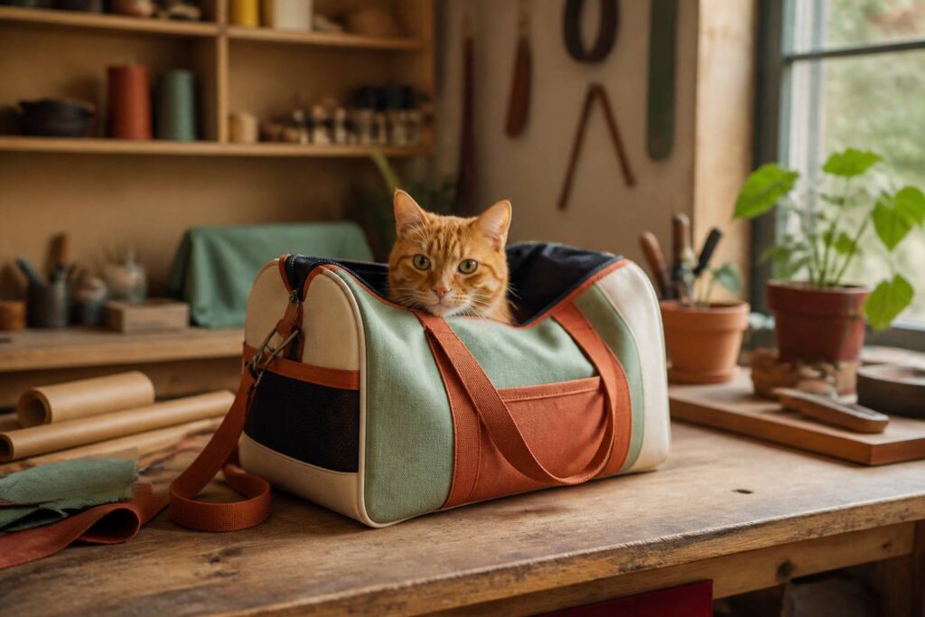 Chat roux installé dans un sac de transport souple et élégant d'atelier