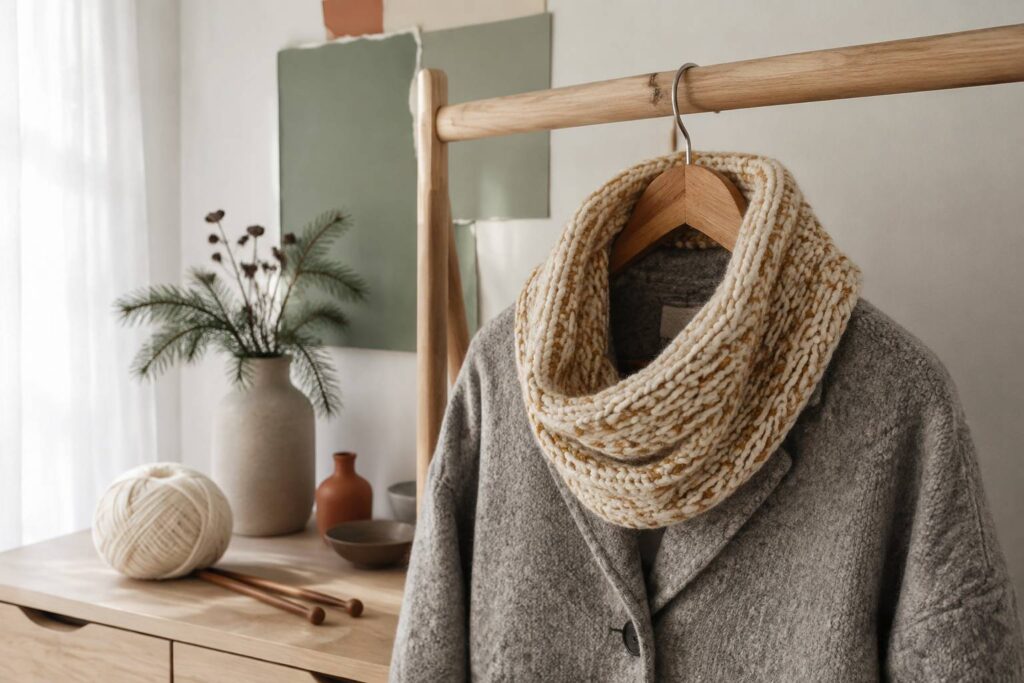 Snood femme en tricot fait main posé sur un manteau d'hiver avec pelote de laine