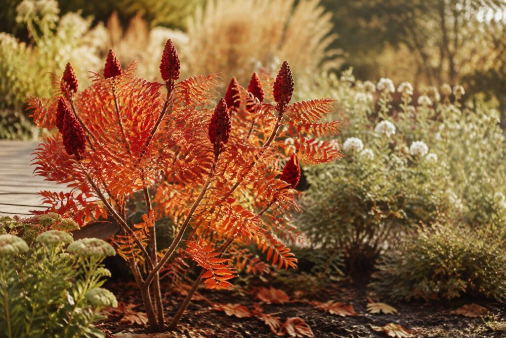 Arbuste sumac vinaigrier au feuillage rouge orangé avec grappes de fruits rouges dressées en été