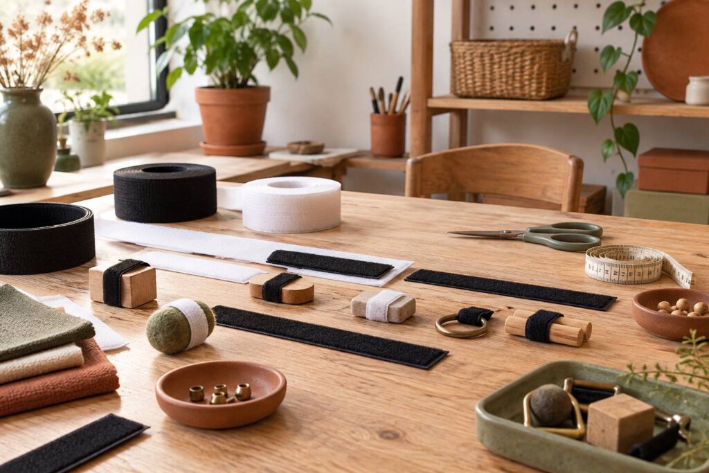 Bandes de velcro adhésif noir et blanc sur une table avec petits objets fixés