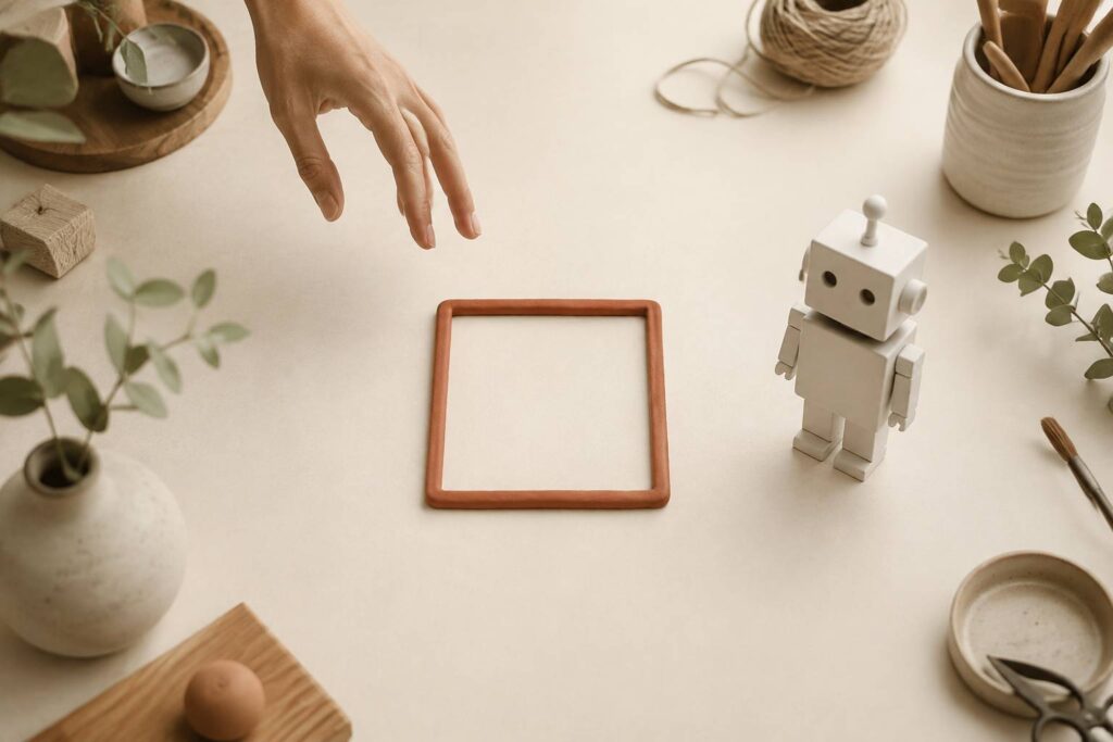 Case à cocher vide avec un petit robot blanc stylisé sur fond crème artisanal