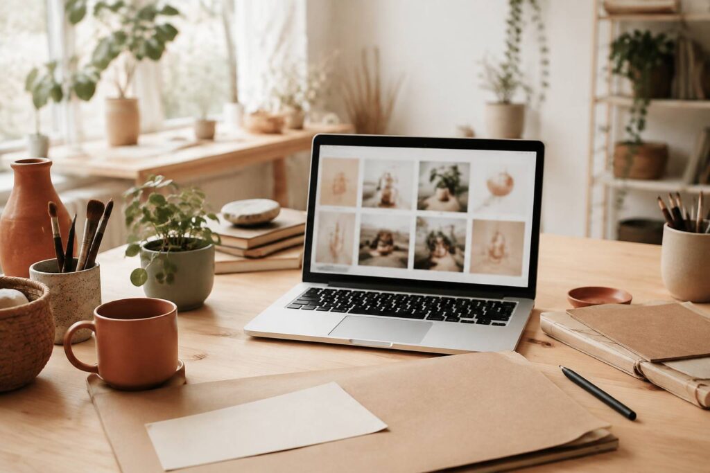 Ordinateur portable à l'écran flou sur un bureau créatif lumineux