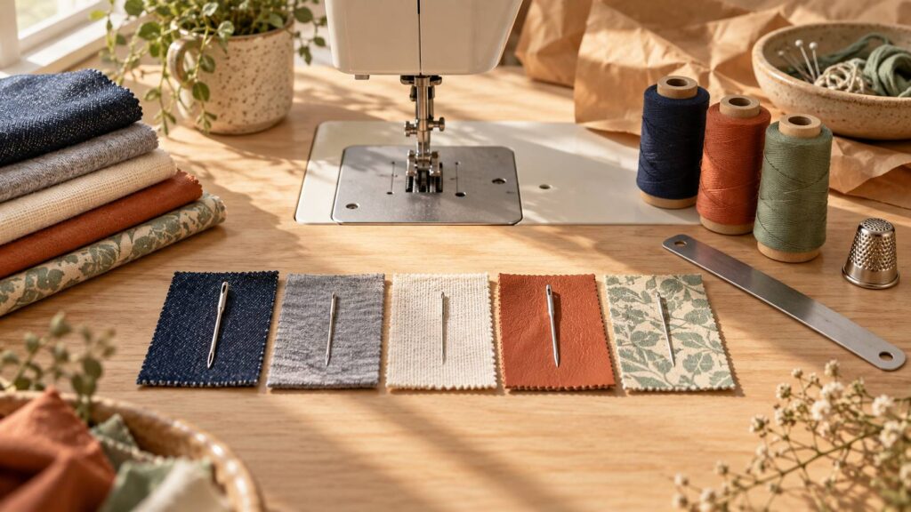 Cinq aiguilles de machine alignées sur des carrés de denim, jersey, lin, cuir et coton près d'une machine à coudre