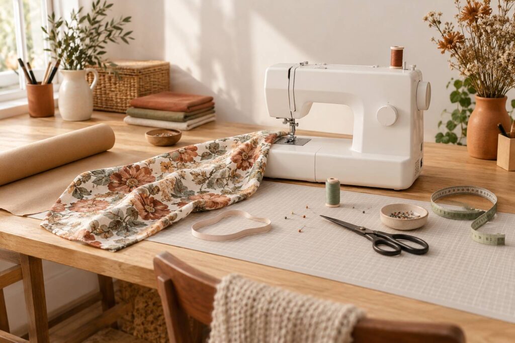 Table de couture avec machine, chute de tissu et accessoires