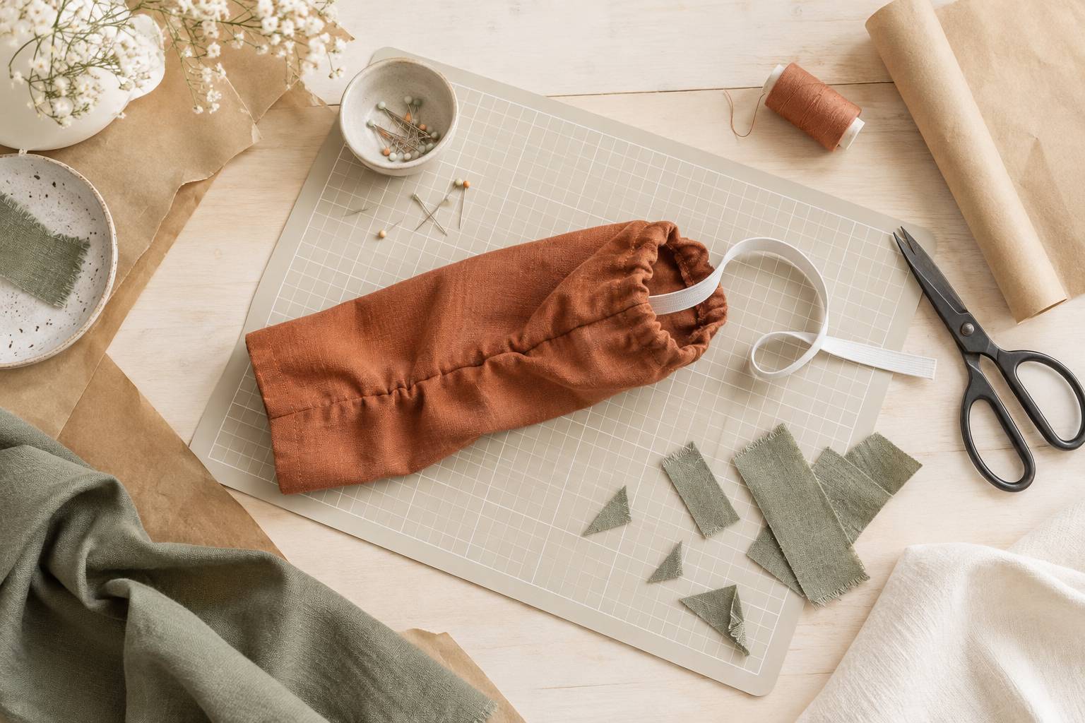 Projet de chouchou en couture avec tissu, elastique et epingles