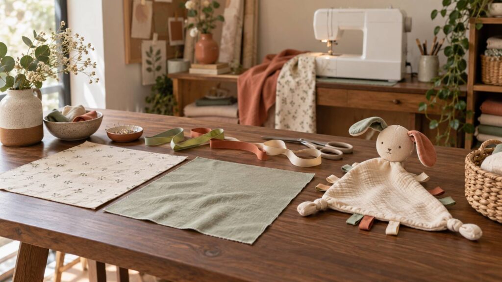 Carrés de tissu, rubans et machine à coudre sur une table avec un doudou plat