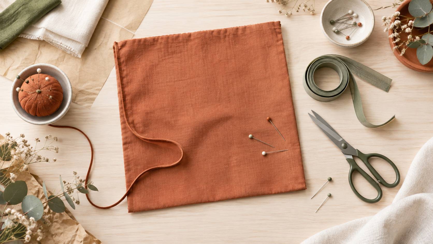 Tissu passepoilé, épingles et ciseaux sur un plan