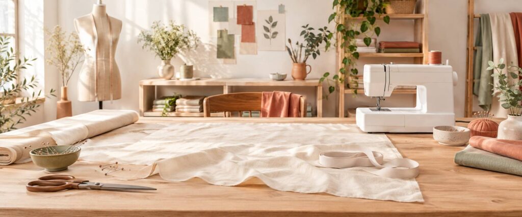 Table de couture avec machine, tissu leger et elastique