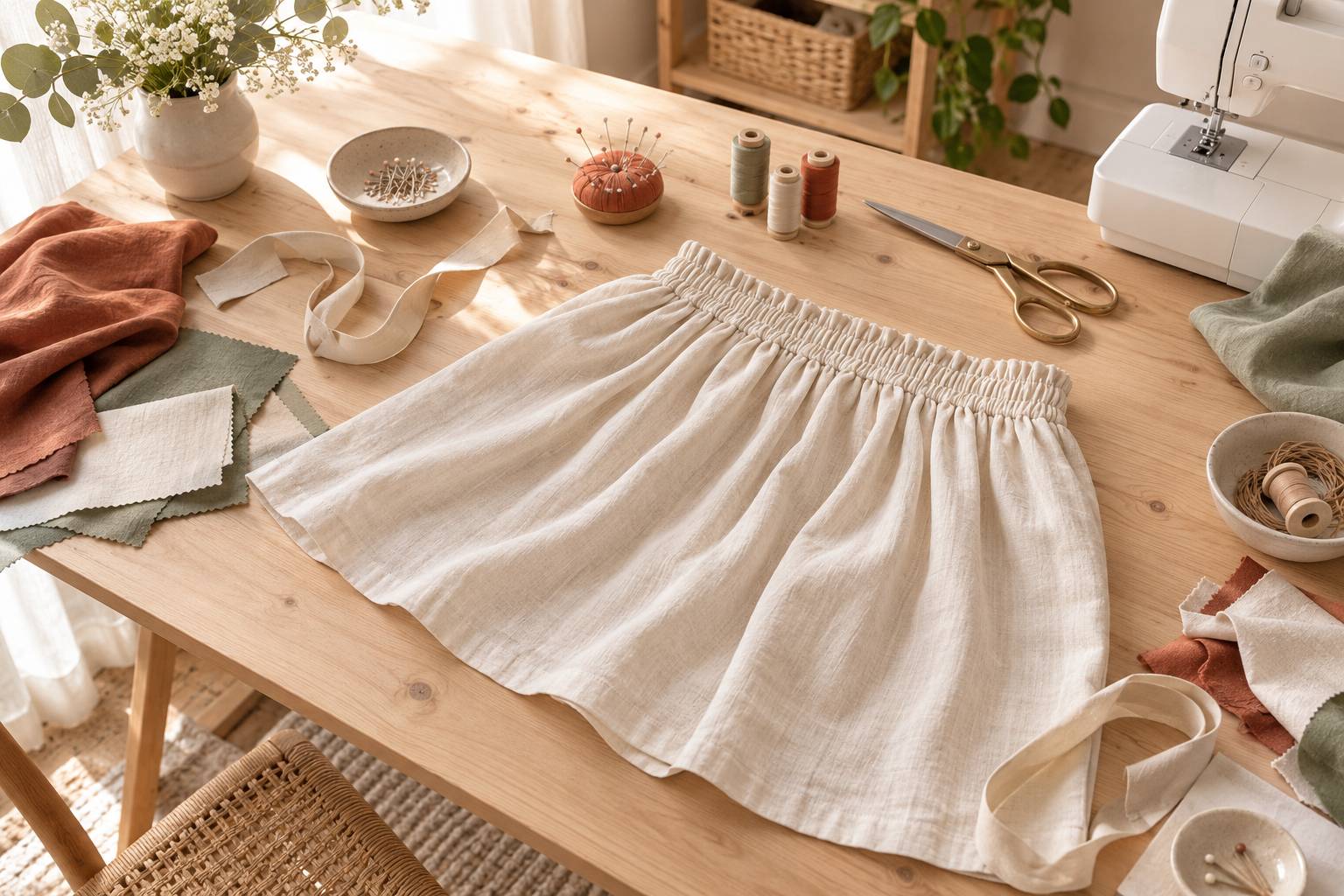 Tissu fronce avec ceinture elastique, epingles et metre ruban