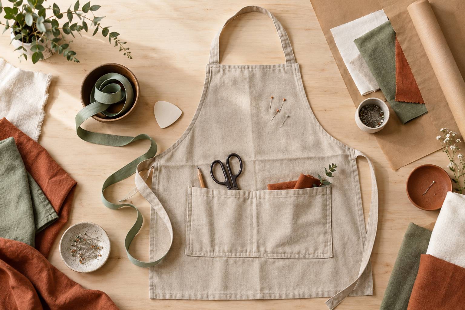 Tablier en toile beige avec poches compartimentées sur une table de couture