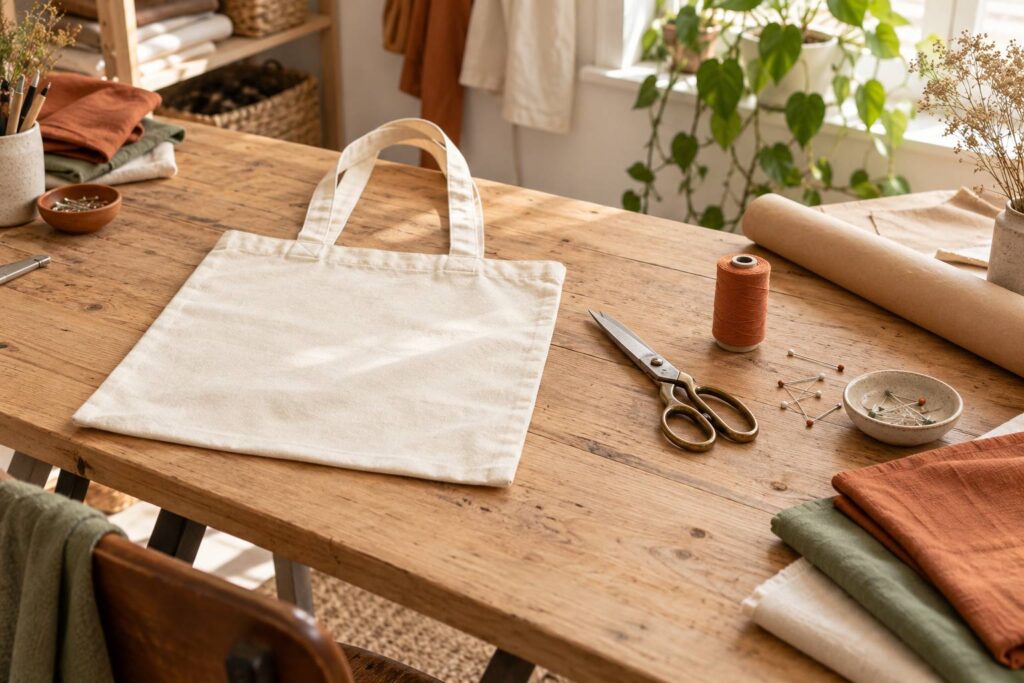 Tote bag en toile de coton pose sur un plan de travail de couture