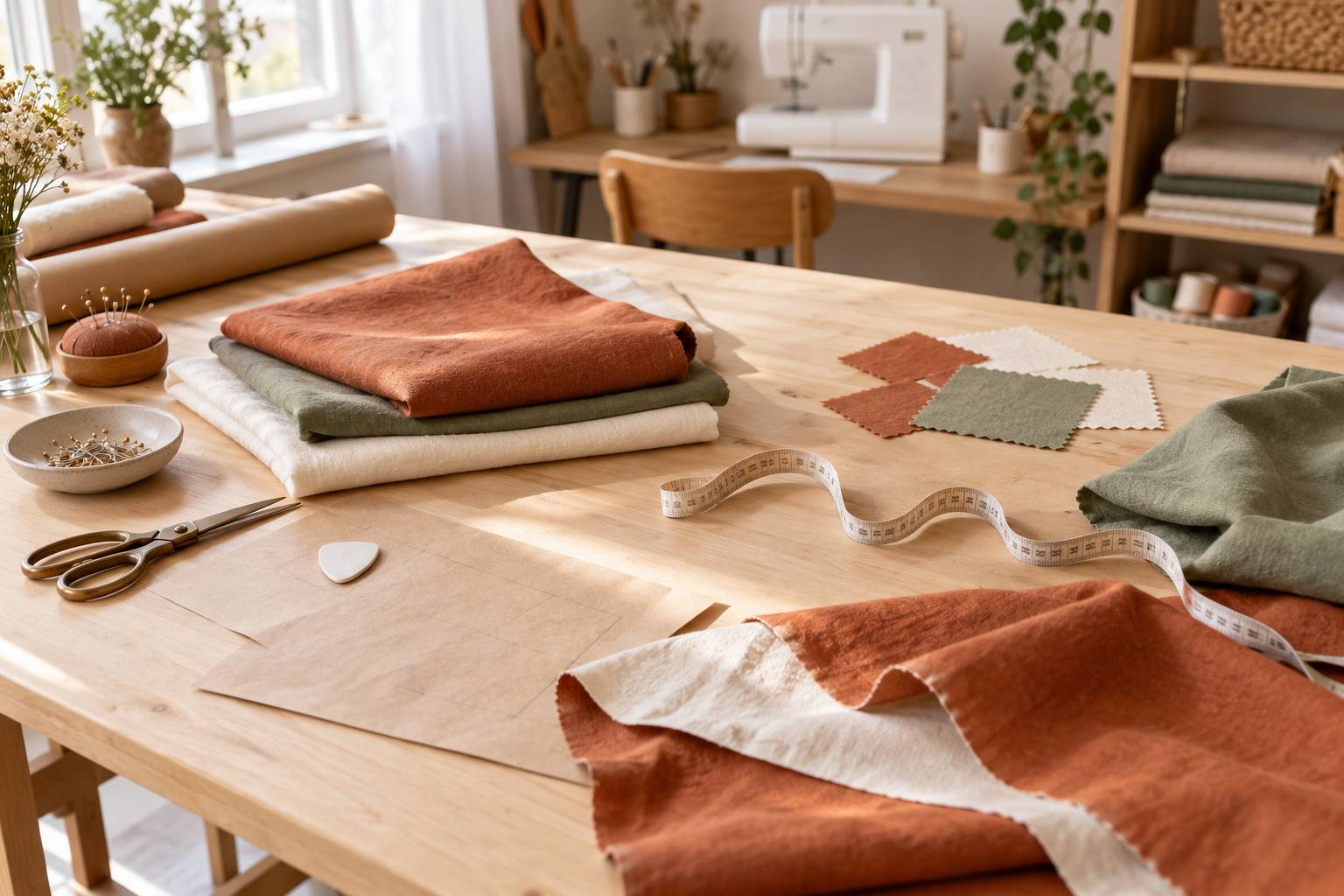 Atelier de couture avec tissu coton doublure et machine neutre