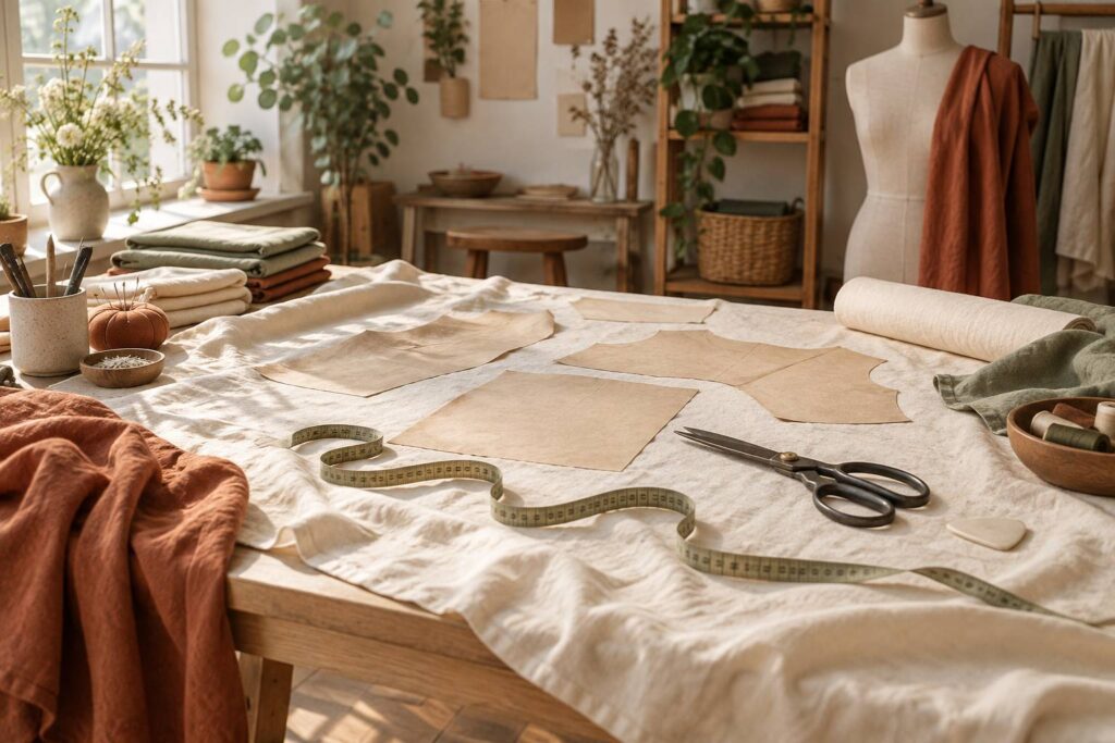 Table de couture en bois clair avec tissu ecru, patrons et ciseaux