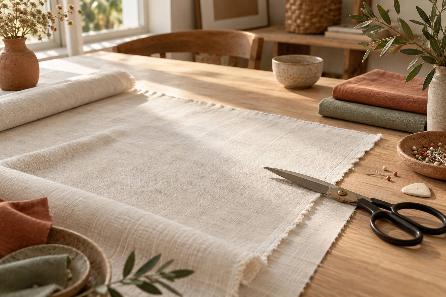 Ciseaux de couture coupant une lisiere de tissu ecru sur une table en bois