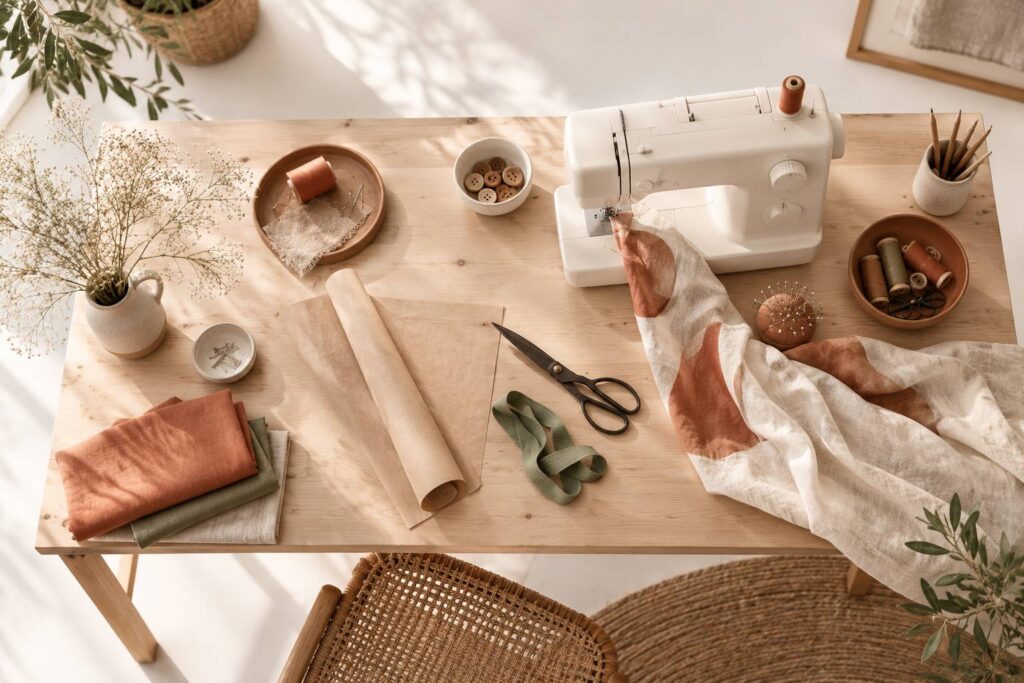 Table de couture avec machine, aiguilles et ruban elastique