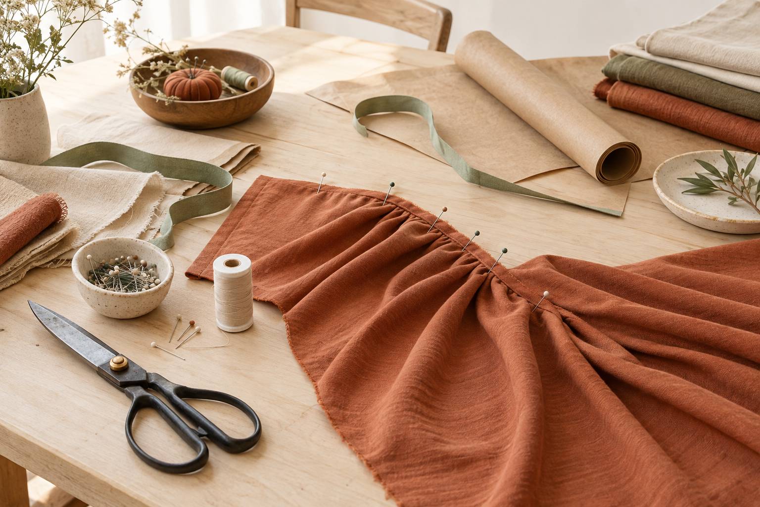 Tissu elastique fronce epingle avec ciseaux et regle de couture