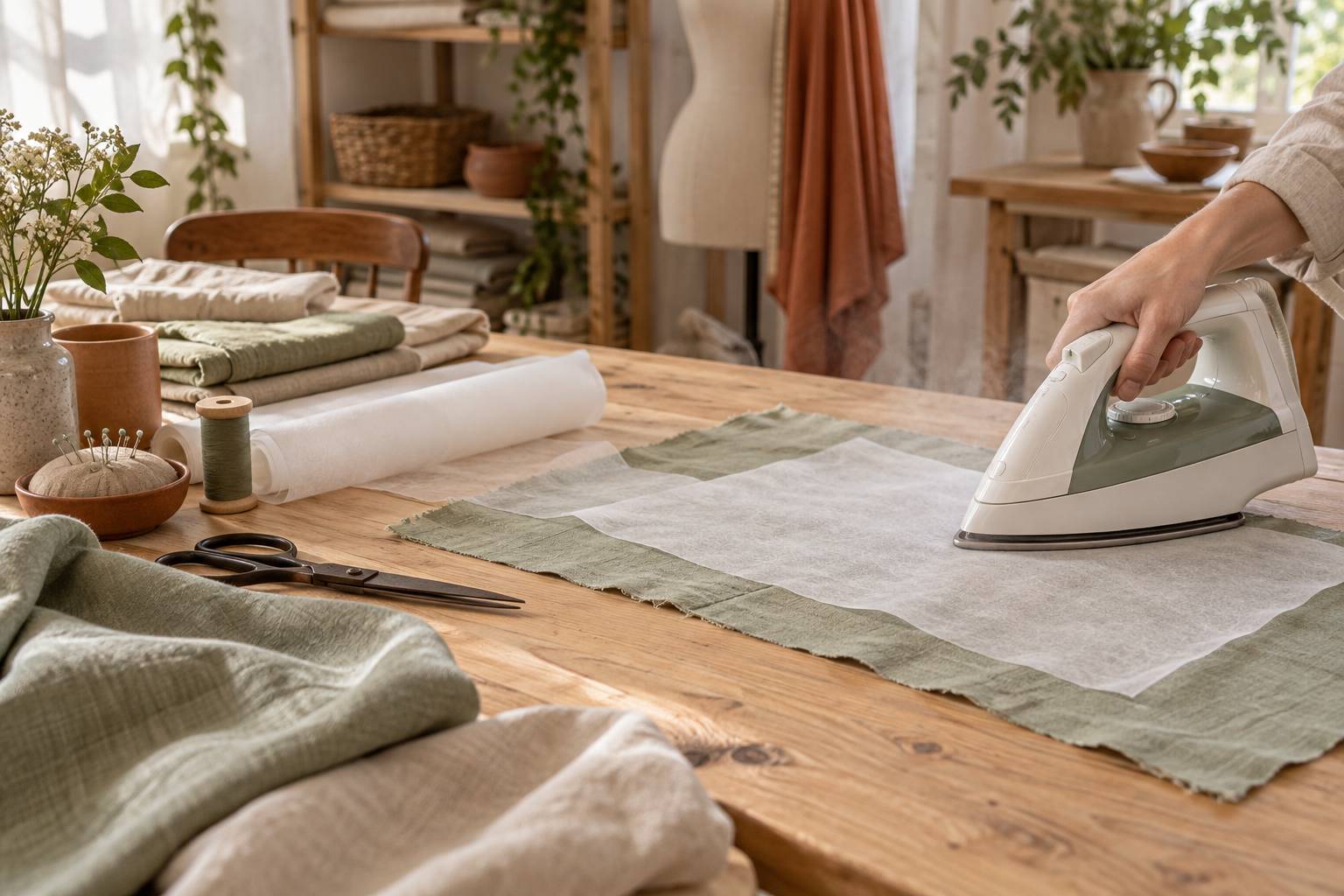 Fer a repasser posant un entoilage thermocollant sur un morceau de tissu