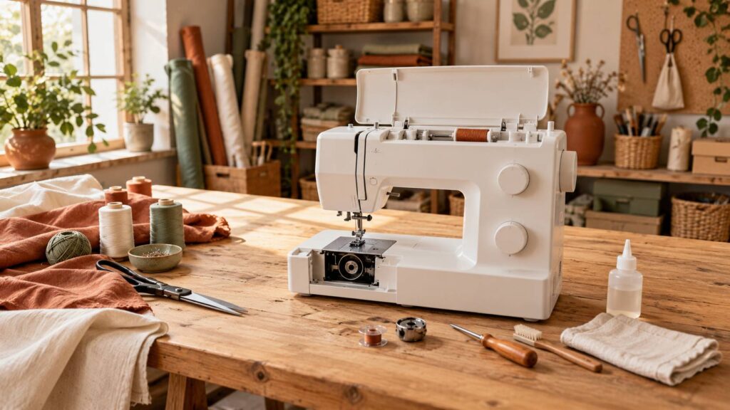 Machine a coudre ouverte avec canette, brosse et flacon d'huile sur un etabli