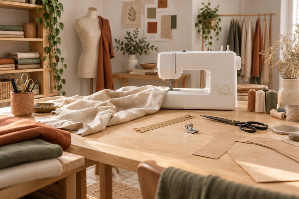Machine a coudre et tissu avec fermeture eclair invisible dans un atelier clair