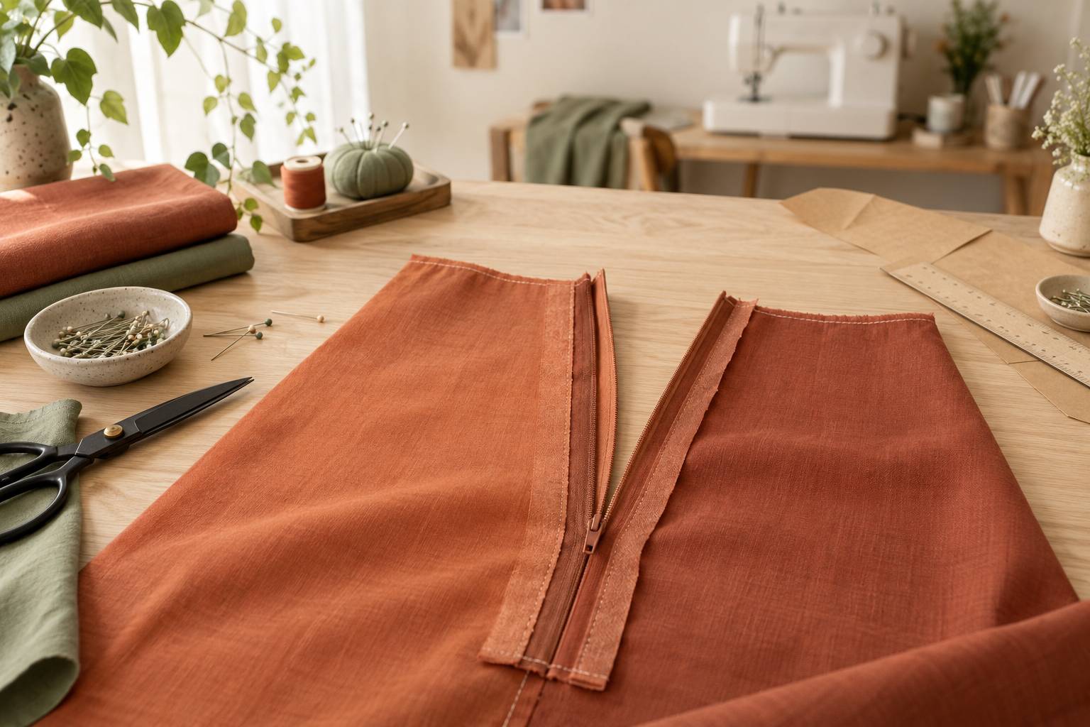 Fermeture eclair invisible piquee sur du tissu avec marge de couture visible
