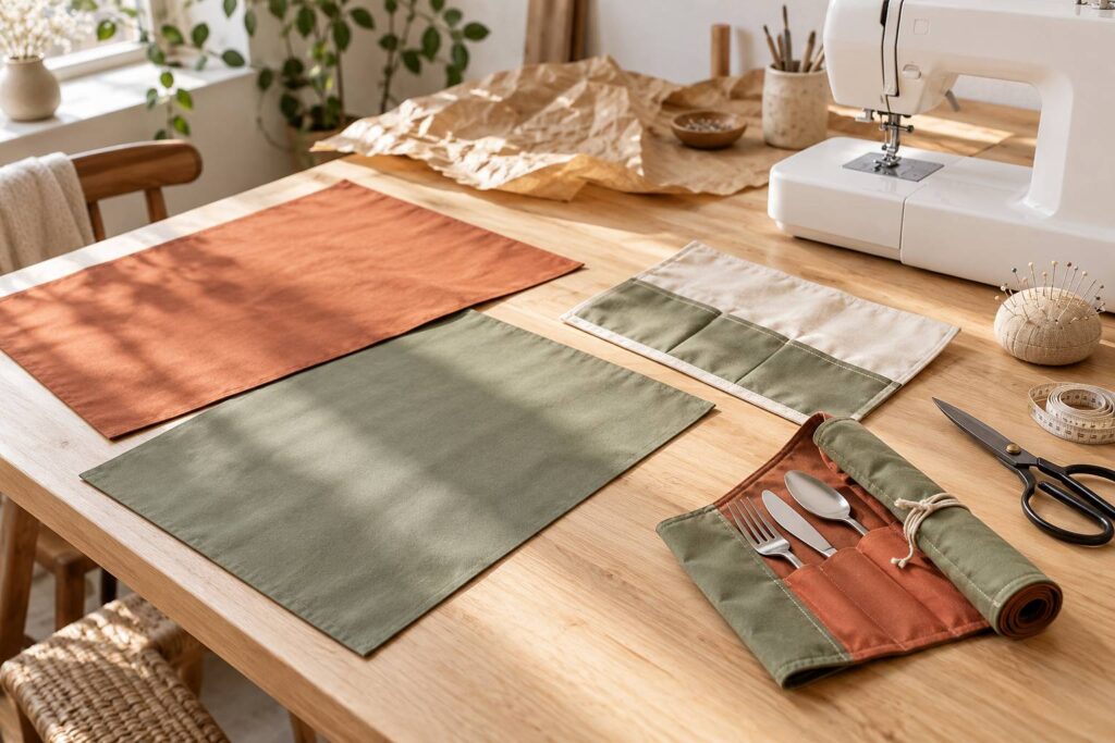 Pochette à couverts de voyage en toile enduite sur table de couture avec machine et ciseaux