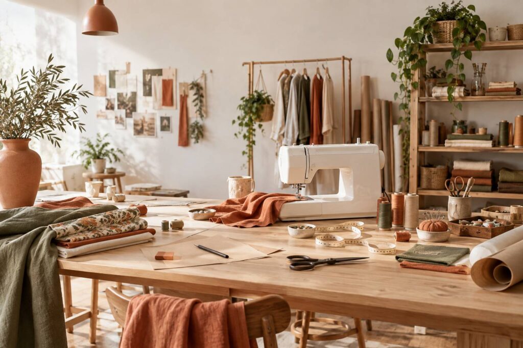 Machine a coudre, bobines de fil et chutes de tissu dans un atelier