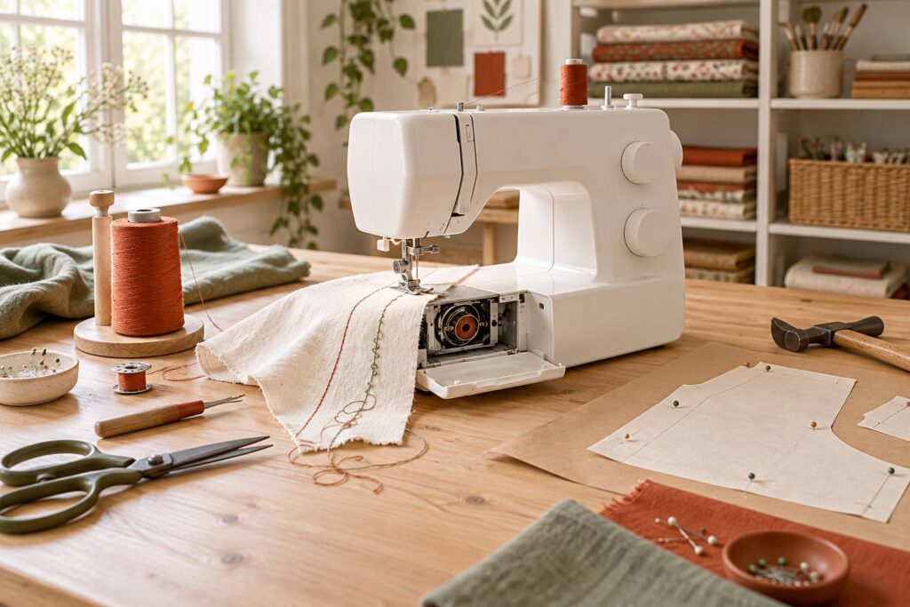 Machine a coudre en atelier lumineux avec chute de tissu cousu, canette et fils de deux couleurs